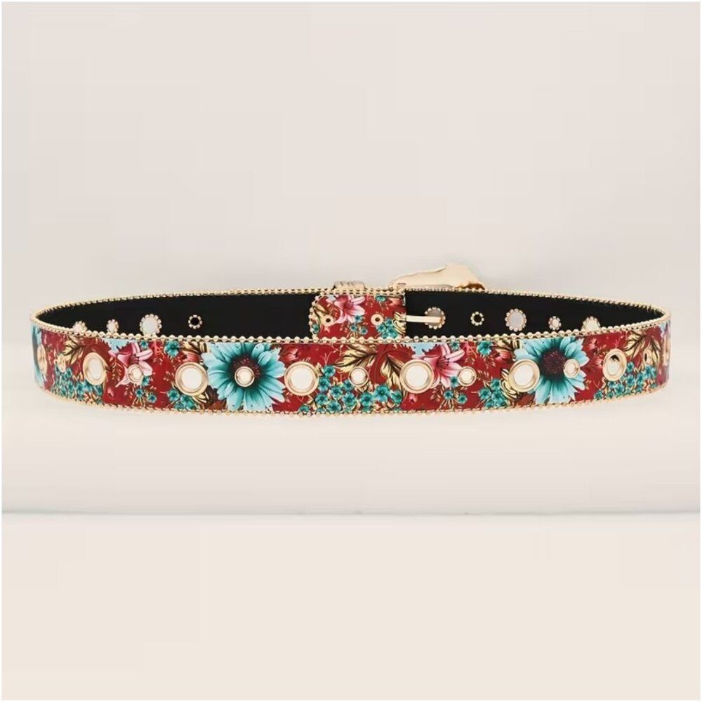 Vintage Style Floral Western Belt Boho Cowgirl Gold Engraved Carved Buckle S - Picture 4 of 7